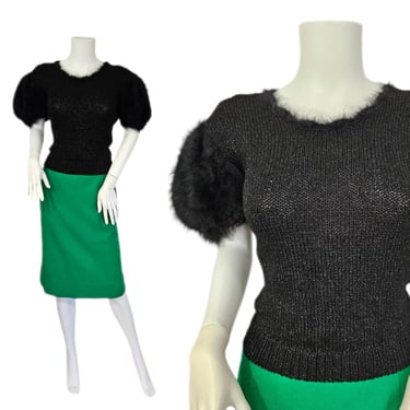 1980's Black Fuzzy Angora Puff Sleeve Knit Sweater I Sz Med 