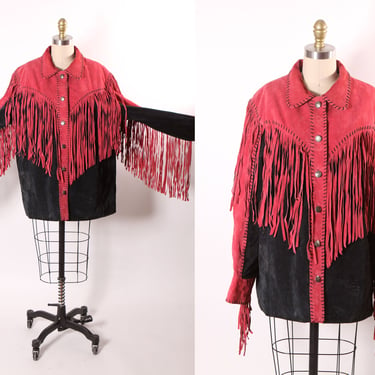 1980s Red and Black Suede Leather Fringe Long Sleeve Metal Snap Western Cowgirl Jacket Coat by Bob Mackie -L 