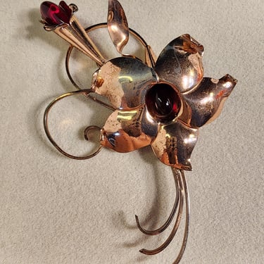 Vintage 1940s Rose Gold Plated Sterling Silver Large Flower Brooch Pin by Truart - 4 inches 