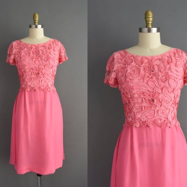 vintage 1950s | Gorgeous Vibrant Pink Embroidered Floral Cocktail Party Dress | Small Medium 
