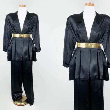 VINTAGE 80s Black Satin Two Piece Pants Suit by Copy Cats XL 36 | 1980s Oversized Pants and Blazer Jacket Set | Feminine Tuxedo vfg 