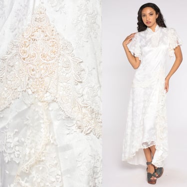 Victorian Wedding Dress 80s White Floral Lace Party Gown Flutter Sleeve Ruffle Skirt Cocktail 1980s Bohemian Bride Vintage Formal Small S 