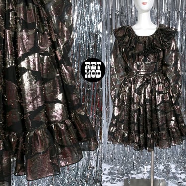 Awesome Vintage 70s 80s Black Gold Lurex Leaves Patterned Fit and Flare Fluffy Full Skirted Ruffle Dress 
