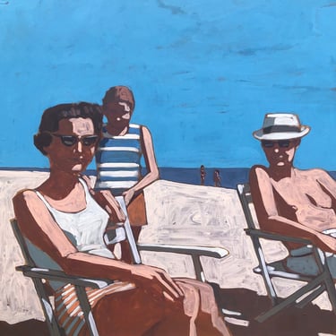 Family on Beach - Original Acrylic Painting on Canvas 30 x 30, sand, bathing suit, ocean, sea, michael van, retro, blue, fine art, orange 