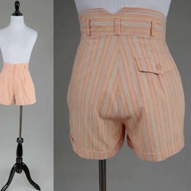 80s Striped Shorts - 24 25 waist - Pleated & Cuffed - Peachy Pink White Yellow Blue Gray - High Rise - Cristina's - Vintage 1980s - XS S 