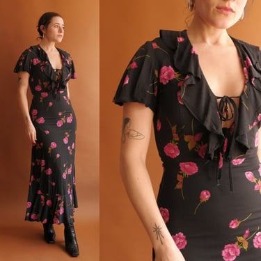 Vintage 70s Floral Dress with Low Cut Tie Front/ 1970s Black Midi Dress/ Size XS Small 