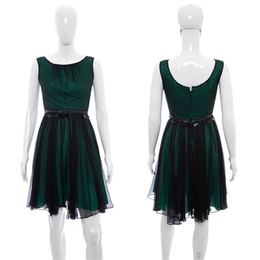 1960's Green and Black Chiffon Party Dress Size XS