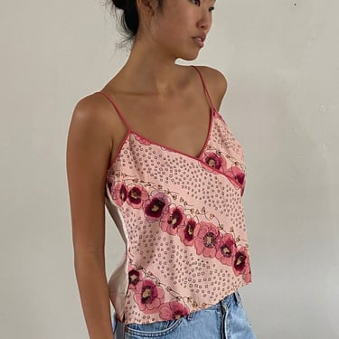 Y2K silk camisole / vintage light pink floral contrast print self tie spaghetti strap camisole | Small 