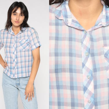 Pastel Plaid Blouse 80s Button Up Shirt Short Sleeve Collared Top Checkered Print Casual Summer White Blue Pink Collar Vintage 1980s Small S 