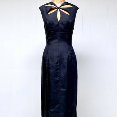 Vintage 1960s Black Thai Silk Cocktail Dress, Estevez Wiggle Dress w/Sexy Cut-Out Bodice, 60s LBD with Princess Seams, Medium 38