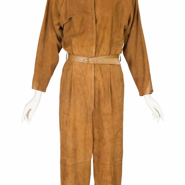 Genny by Gianni Versace 1980s Vintage Tan Suede Long Sleeve Belted Jumpsuit Sz M 