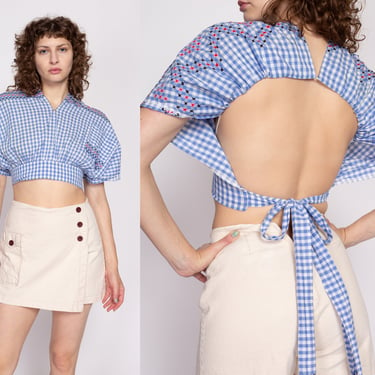 XS-S| 70s Blue & White Gingham Crop Top - XS to Small | Vintage Backless Batwing Sleeve Cropped Apron Shirt 