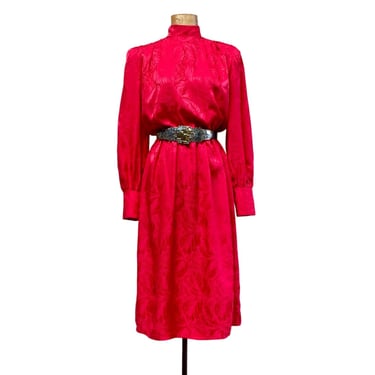 Vintage 1980s Red Silk Jacquard Dress, Medium 40