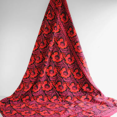 Vintage Indian Tapestry in Deep Magenta and Black, Floral Fabric 