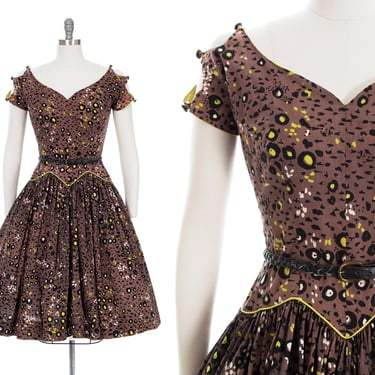 Vintage 1950s Dress | 50s Leopard Animal Print Cotton Brown Cutout Sleeve Drop Waist Fit and Flare Full Skirt Printed Day Dress (small) 