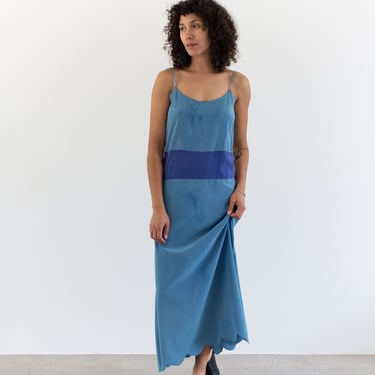 Vintage Blue Silk Dress | Minimal Scallop Ballet Spaghetti Strap Gown | XS S | 