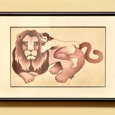 Framed 1988 Nude Man On Maned Lion Drawing/Painting, Unknown Artist, Vintage Erotica Wall Art, 16.75