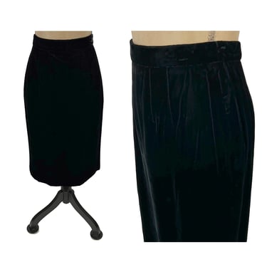 M-L 80s Black Velvet Midi Skirt . Short Pencil Skirt . Partial Elastic 30 31 32 Waist . 1980s Clothes Women Vintage Medium Large 