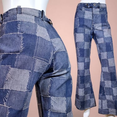 Crazy 1970s patchwork jeans vintage bell bottoms mid-rise kick flares unique integrated stitching details denim chambray (32 x 32) 