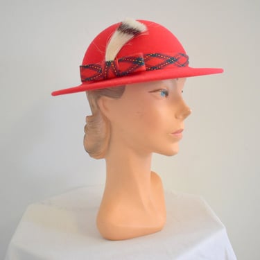 1980s Adolfo Red Hat with Plaid Band 