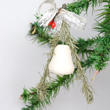 Antique 1940's German Spun Cotton Bell Ornament, with Greenery & Bow,  Vintage Christmas Holiday Decor 
