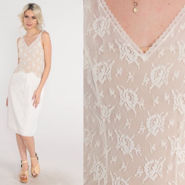 Sheer White Slip Dress 70s Lace Lingerie Midi V Neckline Vintage 1970s Low Waist Sleeveless Nightgown V Neck Small 34 