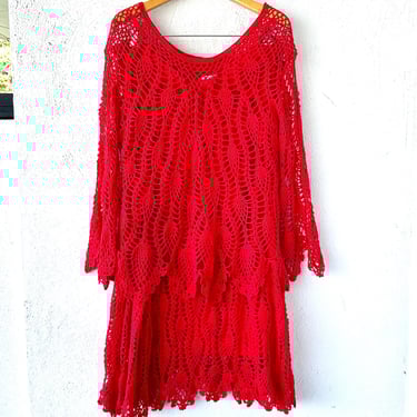 Vintage 70s Style Bell Sleeve Crochet Dress 1970s Hippie Boho White Swimsuit Coverup 