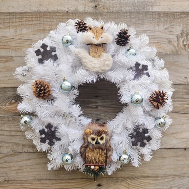 20" Handmade White Woodland Creatures Winter Wreath 