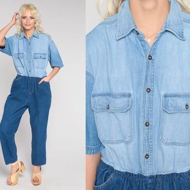 Y2K Denim Jumpsuit Blue Playsuit Button Up 00s One Piece Tapered Blue Jean Romper Pants Pocket Short Sleeve 2000s Vintage Medium 