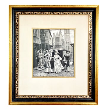 Framed NF jacquard Stevengraph picture, Woven silk French Victorian street scene, Signed NF / A Perez 