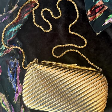 Shiny Gold Metal Box Purse, Cocktail Bag, Italy, Cross Body Chain Strap, Vintage 80s 