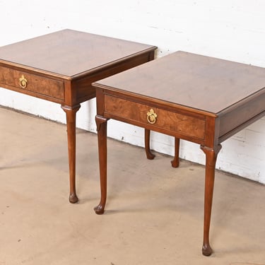 Baker Furniture Regency Burled Walnut Nightstands or Side Tables, Pair