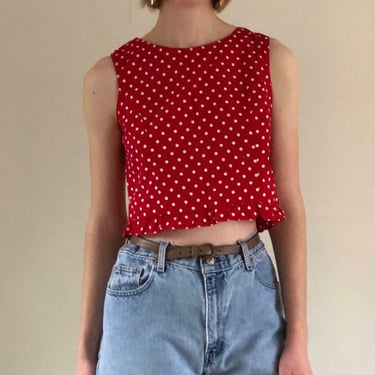 70s polka dot crop top / vintage red cotton polka dot button back cropped sleeveless blouse Lanz of Salzburg top | Small 