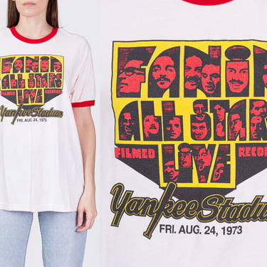 Vintage Fania All Stars 1973 Live Show Repro T Shirt - Unisex Large | Salsa Band Yankee Stadium Graphic Ringer Tee 