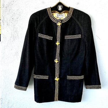 Vintage 80s 90s Glam Denim Jacket Baroque Gold Faded Black Embroidered Suit Blazer 