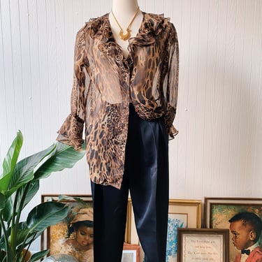 Vintage Ruffle Collar Animal Print Blouse | Size M 