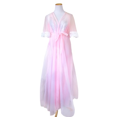 Vintage Miss Elaine Peignoir Set, Pink Sheer Chiffon Robe with Angel Sleeves, Pink Lingerie, Bridal Shower Gift, Long Sexy Nightgown 