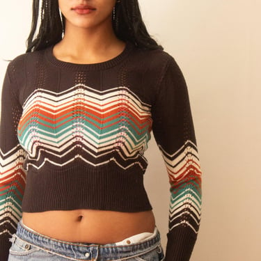 1970s Chevron Pointelle Knit Sweater 