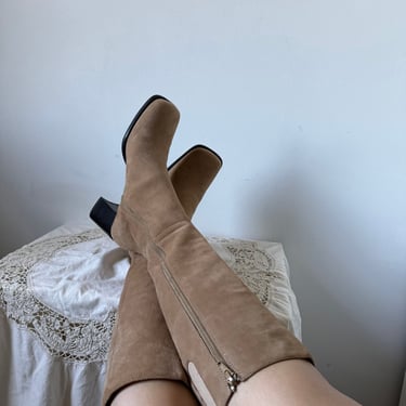 90s Tan Suede Square Toe Heeled Boot 