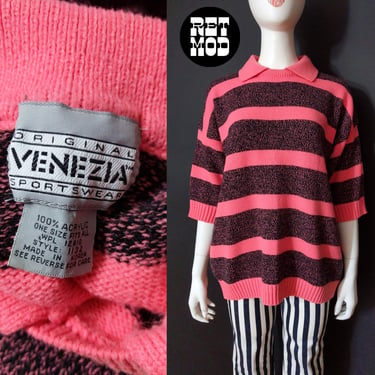 Cool Vintage 80s 90s Pink Gray Stripe Collared Sweater 