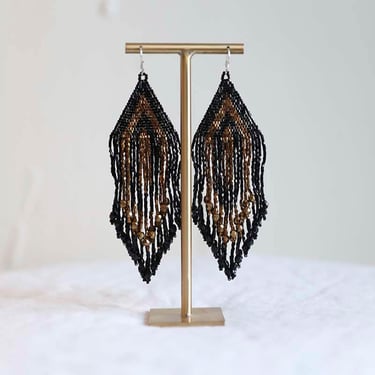 Huichol Beaded Earrings - Gold and Black