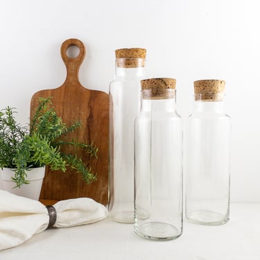 One Tall Apothecary Jar with Cork Top, Vintage Clear Glass Jars, Glass Cylinder Terrarium, Kitchen Storage 