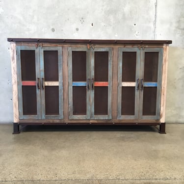 Recycled Wood Cabinet With Three Double Doors &amp; Wire Mesh