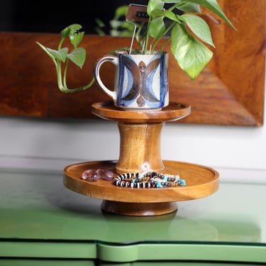 Vintage Wooden Pedestal Lazy Susan | Rotating Serving Tray | Catch all centerpiece 