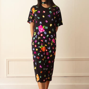 1980s Leonard Flowers and Letters Silk Jersey Easy Dress 