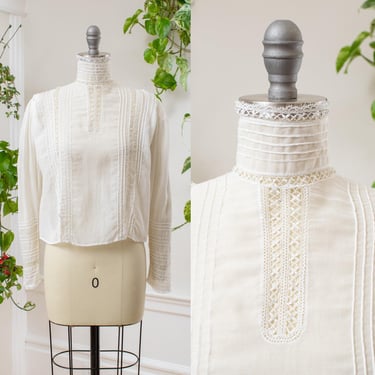 Antique Edwardian Blouse | 1910s White Cotton Lace High Collar Long Sleeve Sheer Summer Romantic Vintage Bridal Top | medium/large 