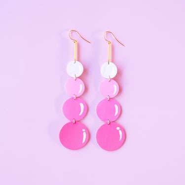 Long Barbie Pink Bauble Earrings - 3D Illusion Reclaimed Leather Tiered Statement Earrings 