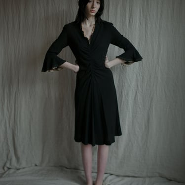 1930s rayon crepe midnight black day dress with lace trim and ruching AS IS 