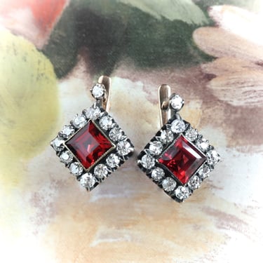 Antique Victorian 4.32 ct. tw. Emerald Cut Garnet and Old European Cut Diamond Halo Earrings Silver Over 14k 