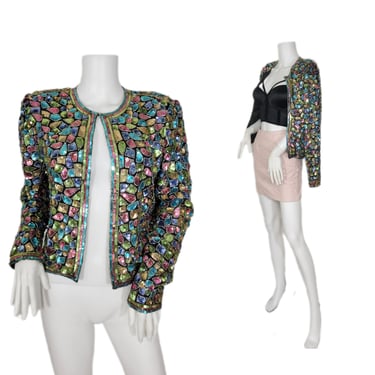 1980's Black Silk Kaleidoscope Confetti Sequin Cropped Jacket I Sz Sm I Judith Ann Creations I Pastel Sequin 